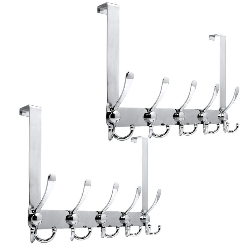 WEBI Over The Door Hook Door Hanger Hook Rack with 5 Tri Hooks for Hanging Coats, Over Door Towel Rack Door Coat Towel Hanger Over Door Coat Rack,Silver,2 Packs - Image 1